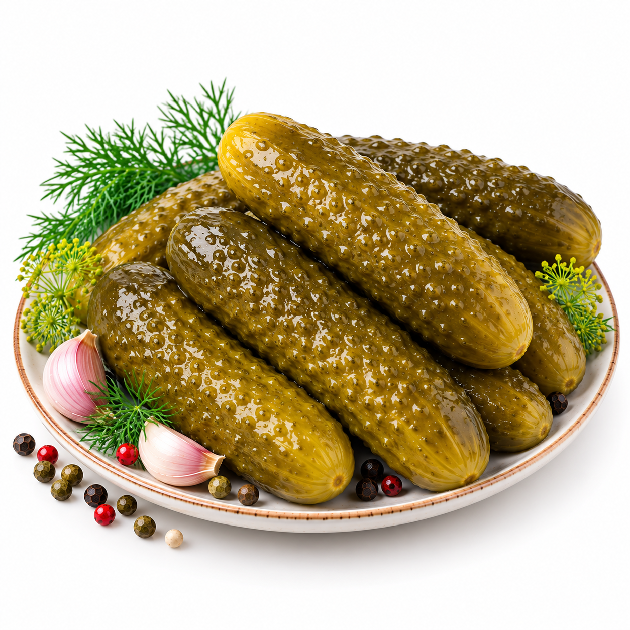 Glossy Dill Pickles on a Ceramic Plate
