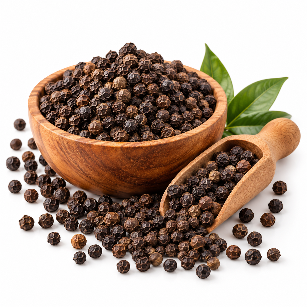 Wooden Bowl of Black Peppercorns