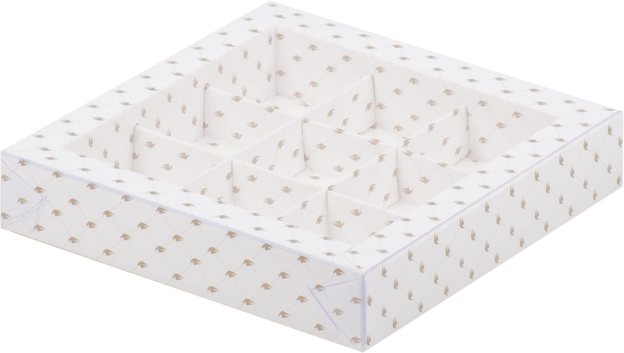 155х155х30 белый с птичками пласт крышкой, 9 конфет 050075